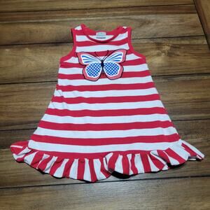 Girls Sleeveless Summer Long Tee Red White Stripe w/ Blue Stars Butterfly - XS